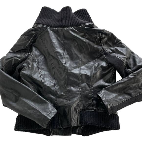 Rebecca Elliot Jacket Womens Small Black Faux Leather Asymmetrical Zip Rib Trim - Picture 2 of 8